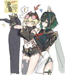  ! 2girls :< animal arrow_(symbol) ashru_(genshin_impact) black_cat black_hair black_shoes blonde_hair blush braid cat closed_mouth commentary cowboy_shot detached_sleeves eyewear_on_head genshin_impact green_eyes green_hair hashtag-only_commentary heart holding holding_animal holding_cat jahoda_(genshin_impact) longcat_(meme) looking_at_another meme mituku2489291 multicolored_hair multiple_girls nefer_(genshin_impact) pink-tinted_eyewear shoes tinted_eyewear torn twin_braids two-tone_hair yellow_eyes 
