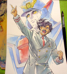  1boy agahari arm_up art_brush art_tools_in_frame black_eyes black_hair buttons clenched_hand closed_mouth collared_shirt commentary_request cowboy_shot deckerd double-breasted facial_hair grey_suit hand_up jacket lapels male_focus mecha mustache necktie open_mouth paintbrush painting_(medium) photo_(medium) red_necktie robot saejima_juuzou shirt short_hair smile standing suit suit_jacket traditional_media white_shirt yellow_eyes yuusha_keisatsu_j-decker yuusha_series 