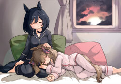  2girls animal_ears barashiya black_hair black_pajamas brown_hair closed_eyes commentary_request eishin_flash_(umamusume) facing_viewer horse_ears horse_girl horse_tail lap_pillow long_sleeves lying medium_hair multiple_girls on_bed on_side pajamas pillow pink_pajamas sitting smart_falcon_(umamusume) smile tail twintails umamusume window 