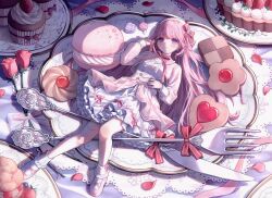 1girl ankle_cuffs blunt_bangs blush bow cake cardigan center_frills checkerboard_cookie cookie cropped_cardigan cupcake dress english_commentary flower flower-shaped_food food fork frilled_dress frills full_body hair_spread_out hat heart heart-shaped_cookie heart-shaped_food highres himeno_aimu indie_virtual_youtuber jewelry knife layered_skirt long_hair long_sleeves looking_at_viewer lying macaron mary_janes myon_rio on_back on_plate on_table petals pink_bow pink_cardigan pink_flower pink_hair pink_shoes red_bow ribbon ring rose second-party_source see-through_clothes see-through_sleeves shoes skirt socks solo table thigh_strap very_long_hair violet_eyes virtual_youtuber white_dress white_socks 