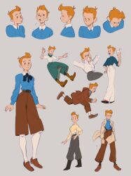  1girl adapted_costume alternate_costume antenna_hair arm_up bell-bottoms belt black_belt black_boots black_neckerchief blue_shirt blush boots breasts brown_belt brown_coat brown_pants brown_shoes brown_shorts clenched_teeth closed_eyes closed_mouth coat collar commentary elvira_axen english_commentary falling_petals floating_clothes from_side genderswap genderswap_(mtf) green_neckerchief green_skirt grey_background grey_pants grimace hand_on_own_hip highres holding holding_paper long_skirt long_sleeves looking_down medium_breasts multiple_views neckerchief open_mouth orange_hair pants paper parted_lips petals plaid_clothes plaid_skirt pompadour puff_of_air raised_eyebrow raised_inner_eyebrows red_shoes running shirt shoes short_hair short_sleeves shorts shouting simple_background skirt smile teeth tintin tintin_(character) v-shaped_eyebrows white_belt white_collar white_pants white_shirt yellow_shirt 