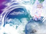 1600x1200 clouds feathers gloves glow highres jewelry pointy_ears stars thigh-highs thighhighs wallpaper wings 