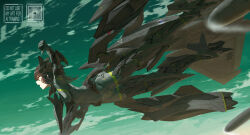  1girl armored_bodysuit black_bodysuit bodysuit brown_eyes brown_hair flying gun headgear highres holding holding_gun holding_weapon mecha_musume open_mouth personification sentou_yousei_yukikaze solo tom-neko_(zamudo_akiyuki) weapon 