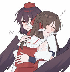  2girls bandaid bandaid_on_face bow brown_hair closed_eyes closed_mouth commentary_request detached_sleeves frilled_bow frilled_hair_tubes frills hair_bow hair_tubes hakurei_reimu hat hug long_hair multiple_girls red_bow red_eyes red_hat sakic43899 shameimaru_aya shirt short_sleeves simple_background sleeping smile tokin_hat touhou white_shirt wings zzz 