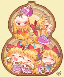  &gt;_&lt; 5girls :o =_= ^_^ alcohol beer beer_mug blonde_hair blue_overskirt blue_skirt blush bottle bow chain chibi chibi_only clone closed_eyes commentary cross-section cube cuffs cup drooling fang flying_sweatdrops forehead gourd hair_bow holding holding_cup horns htk_mikan hugging_object ibuki_suika long_hair low_twintails mouth_drool mug multiple_girls multiple_persona nose_blush oni orb pointy_ears pyramid_(geometry) red_bow sake_bottle shackles shirt signature simple_background sitting skirt standing touhou twintails very_long_hair white_shirt yellow_background 