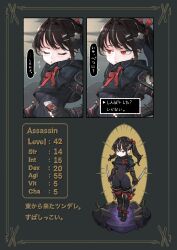  1girl arm_guards black_bodysuit black_gloves black_hair bodysuit bodysuit_under_clothes bow breasts cape character_profile chibi closed_eyes clouds cloudy_sky crop_top dual_wielding eyelashes fingerless_gloves gloves hair_bow hair_ornament hairclip highres holding holding_sword holding_weapon hood hooded_cape jun_(navigavi) leotard long_hair looking_to_the_side medium_breasts ninja original outdoors red_eyes reverse_grip role_play sheath short_sword skin_tight sky speech_bubble standing stats sword teeth thigh-highs translation_request twintails unsheathed vambraces weapon x_hair_ornament 