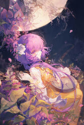  1girl bad_source dress flower from_side hair_flower hair_ornament highres looking_at_viewer maccha_(mochancc) moon night night_sky petals purple_hair sheet_music sky solo touhou violet_eyes yellow_dress 