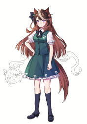  2girls animal_ears black_bow black_bowtie black_shoes black_socks bow bowtie brown_hair closed_mouth collared_shirt commentary_request cosplay frilled_skirt frills full_body green_skirt green_vest hair_between_eyes hand_on_own_hip highres hitodama_print horse_ears horse_girl horse_tail kneehighs konpaku_youmu konpaku_youmu_(cosplay) konpaku_youmu_(ghost) konpaku_youmu_(ghost)_(cosplay) long_hair looking_at_viewer multicolored_hair multiple_girls puffy_short_sleeves puffy_sleeves purin_jiisan shirt shoes short_sleeves simple_background skirt skirt_set socks standing streaked_hair symboli_rudolf_(umamusume) tail tokai_teio_(umamusume) touhou umamusume vest violet_eyes white_background white_hair white_shirt yukkuri_shiteitte_ne 