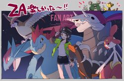  1girl absurdres aggron ampharos black_hair black_hat black_shorts bracelet commentary_request feraligatr garbodor green_jacket grin hand_on_headwear hand_up harmony_(pokemon) hat highres holding holding_poke_ball houndoom jacket jewelry medicham mugiccha2 open_clothes open_jacket pidgeot poke_ball poke_ball_(basic) pokemon pokemon_(creature) pokemon_legends:_z-a salamence shirt shorts smile teeth watermark white_shirt yellow_eyes 