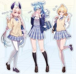  3girls :p ahoge aloupeep_(enna_alouette) aqua_eyes aqua_nails bag beads black_socks blazer blonde_hair blue_hair blue_jacket book braid cardigan commentary elira_pendora enna_alouette famillie_(millie_parfait) full_body hair_beads hair_between_eyes hair_ornament head_wings heart heterochromia high_ponytail highres holding holding_book holding_letter jacket kneehighs letter long_hair looking_at_viewer love_letter low_twin_braids medium_hair middle_finger millie_parfait multiple_girls nijisanji nijisanji_en one_eye_closed outline pantyhose plaid_clothes plaid_skirt pleated_skirt ponytail school_bag school_uniform senmi_(vvv_1864) skirt smile socks standing standing_on_one_leg sweater_vest symbol-only_commentary tongue tongue_out twin_braids violet_eyes virtual_youtuber weewa_(elira_pendora) white_outline white_pantyhose wings yaoi_(object) yellow_cardigan yellow_sweater_vest 