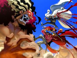  3boys black_hair black_shirt blurry blurry_foreground borudbrian clenched_hands coat coat_on_shoulders crying crying_with_eyes_open demon_boy empty_eyes epaulettes fangs fighting giant gol_d._roger highres holding holding_sword holding_weapon male_focus midair monkey_d._garp multicolored_hair multiple_boys one_piece open_mouth pink_shirt red_coat red_eyes rocks_d._xebec shirt short_hair sword tears topless_male two-tone_hair weapon white_coat white_hair 