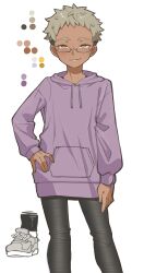  1girl absurdres black_pants color_guide commentary_request dark-skinned_female dark_skin drawstring freckles glasses grey_hair grey_shoes hand_on_own_hip highres hood hood_down hoodie original pants purple_hoodie salsiccia_makino semi-rimless_eyewear shoelaces shoes short_hair simple_background smile smirk solo tomboy tsurime undercut very_short_hair white_background yellow_eyes 