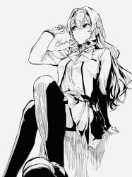  1girl arm_at_side artist_name bow bowtie breast_pocket breasts closed_mouth crossed_legs feet_out_of_frame from_below grey_background greyscale hair_between_eyes hairband hand_up hatching_(texture) highres holding holding_own_hair invisible_chair jacket linear_hatching long_hair long_sleeves looking_ahead looking_to_the_side medium_breasts miniskirt monochrome open_clothes open_jacket pleated_skirt pocket saijou_claudine school_uniform seishou_music_academy_uniform shoes shoujo_kageki_revue_starlight shozoku sidelocks sideways_glance signature simple_background sitting skirt solo thigh-highs wavy_hair 