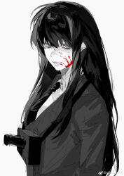  1girl absurdres alternate_costume artist_request bad_id bad_weibo_id blood blood_on_face blood_splatter blunt_bangs camera camera_around_neck collared_coat collared_shirt evil_smile grey_background highres like_mother_like_daughter long_hair looking_to_the_side monochrome necktie partially_colored school_uniform shaded_face shirt simple_background smile solo somyung&#039;s_mother_(like_mother_like_daughter) spoilers standing teeth upper_body watermark weibo_username weibo_watermark 