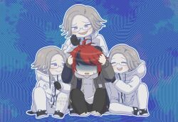  4boys :d ^_^ ahoge aotsuki_eito black_gloves black_pants black_streaks blue_background blue_jacket clone closed_eyes commentary_request evil_grin evil_smile glasses gloves grey_hair grey_jacket grin hand_on_another&#039;s_arm hand_on_another&#039;s_head hands_on_own_head holding holding_knife hood hoodie jacket jacket_over_hoodie knife looking_at_another male_focus matsu_shimatsuki multicolored_hair multiple_boys no_eyes open_clothes open_jacket outline pants red_hair shaded_face short_hair sitting small_sweatdrop smile spoilers streaked_hair sumino_takumi the_hundred_line_-last_defense_academy- violet_eyes watermark white_hoodie white_jacket white_outline white_pants 