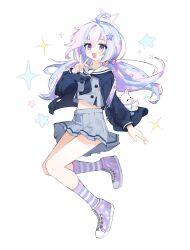  1girl :d ahoge beads black_neckerchief blue_archive blue_hair blue_jacket blush buttons chinese_commentary commentary_request double-breasted full_body grey_serafuku grey_shirt grey_skirt hair_beads hair_ornament halo highres jacket long_hair long_sleeves midriff mixed-language_commentary multicolored_hair navel neckerchief open_clothes open_jacket open_mouth partial_commentary pink_hair pink_halo pleated_skirt reisa_(blue_archive) sailor_collar school_uniform serafuku shirt shoes simple_background skirt smile sneakers socks solo sparkle star_(symbol) star_hair_ornament star_halo striped_clothes striped_socks twintails two-tone_hair v violet_eyes white_background white_sailor_collar yi_zhi_xun 