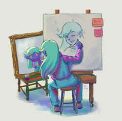  1boy artist_name blue_overalls brown_shoes colored_skin commentary earrings easel english_text green_hair grey_background highres holding holding_paintbrush jewelry long_hair long_sleeves male_focus omori on_stool overalls paintbrush painting_(action) painting_(object) picture_frame pink_sweater pointy_ears purple_skin rococo_(omori) rolover10 shoes simple_background sitting solo sticky_note sweater symbol-only_commentary 