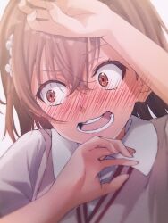  1girl absurdres arm_up averting_eyes blush brown_eyes brown_hair brown_sweater_vest constricted_pupils embarrassed facing_viewer flower hair_flower hair_ornament halya_meri hand_up highres misaka_mikoto open_mouth school_uniform short_hair solo sweater_vest toaru_majutsu_no_index tokiwadai_school_uniform upper_body white_flower 