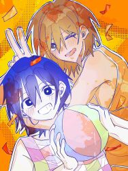  &gt;_o 2boys ball black_eyes blush bright_pupils brown_hair checkered_clothes collarbone colored_skin confetti danmuji_07 dark-skinned_male dark_skin double-parted_bangs dual_persona grin hair_between_eyes highres holding holding_ball kel_(faraway)_(omori) kel_(headspace)_(omori) kel_(omori) looking_at_viewer male_focus multiple_boys omori one_eye_closed open_mouth short_hair smile tank_top teeth tongue tongue_out upper_teeth_only v white_pupils white_skin 