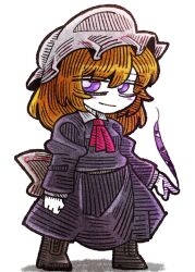  1girl ascot black_boots blonde_hair blush blush_stickers boots chibi chibi_only collar dress gap_(touhou) hair_between_eyes hat long_dress looking_at_viewer maribel_hearn medium_hair mob_cap pink_ascot purple_dress sash simple_background smile solo standing suenari_(peace) touhou violet_eyes white_background white_collar white_hat white_sash 