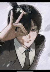  1boy black_hair black_necktie blue_eyes chainsaw_man closed_mouth collared_shirt fox_shadow_puppet hayakawa_aki highres jacket looking_at_viewer male_focus necktie one_eye_closed shirt short_hair solo suit_jacket topknot upper_body white_shirt yuuyuyuraru 