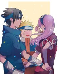  1girl 2boys black_hair blonde_hair blue_shirt closed_eyes closed_mouth detached_sleeves dress facial_mark forehead_protector hand_in_pocket haruno_sakura highres holding_hands jacket konohagakure_symbol long_hair looking_at_another miwokirihana multiple_boys naruto_(classic) naruto_(series) open_mouth orange_jacket pink_hair red_dress shirt short_hair short_sleeves signature spiky_hair twitter_username uchiha_sasuke uzumaki_naruto whisker_markings 