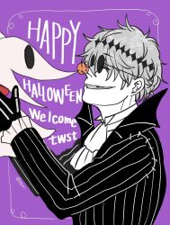  2boys berri71 black_crown crown diamond_hairband gloves highres jacket long_sleeves male_focus missing_tooth multiple_boys pinstripe_pattern pinstripe_suit pinstripe_vest round_eyewear short_hair skeleton_print skully_j._graves solo striped_clothes striped_vest suit sunglasses the_nightmare_before_christmas twisted_wonderland vertical-striped_clothes vertical-striped_vest vest white_hair zero_(nbc) 