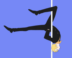  1boy absurdres beard_stubble black_jacket black_pants black_shoes black_socks black_suit blonde_hair blue_background cigarette collared_shirt curly_eyebrows dress_pants facial_hair flat_color from_side full_body hands_in_pockets highres jacket komashi lapels long_sleeves looking_down male_focus mouth_hold mustache_stubble notched_lapels one_piece orange_shirt outstretched_leg pale_skin pants parted_bangs pole pole_dancing profile sanji_(one_piece) shirt shoes short_hair simple_background smoking socks solo stubble suit suit_jacket 