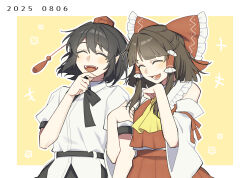  +++ 2girls ascot black_skirt bow brown_hair closed_eyes collared_shirt commentary_request dated detached_sleeves frilled_bow frilled_hair_tubes frills hair_bow hair_tubes hakurei_reimu hat locked_arms long_hair multiple_girls no_wings open_mouth puffy_short_sleeves puffy_sleeves red_bow red_hat red_skirt sakic43899 shameimaru_aya shirt short_sleeves skirt skirt_set smile tokin_hat touhou white_shirt yellow_ascot yuri 