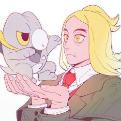  1boy arms_up blonde_hair buttoned_cuffs buttons closed_mouth collared_shirt commentary_request forked_eyebrows frigibax frown grey_jacket hassel_(pokemon) highres jacket lapels long_sleeves luye_unknows male_focus medium_hair notched_lapels open_mouth pokemon pokemon_(creature) pokemon_sv shirt simple_background solo white_background white_shirt wide-eyed wing_collar yellow_eyes 