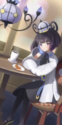  1girl black_dress black_hair black_pantyhose blue_gloves blunt_bangs blush bob_cut chair chandelure closed_mouth coat cup dress elbow_rest food gloves gradient_hair gwynn_(pokemon) hat head_on_hand head_rest highres long_sleeves looking_at_viewer multicolored_hair on_chair open_clothes open_coat pantyhose piratakidesu plate pokemon pokemon_legends:_z-a purple_hair short_hair sitting table violet_eyes white_coat 