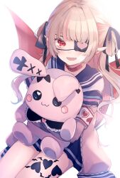  1girl aqua_belt armband backlighting belt belt_collar bloom blue_ribbon blue_sailor_collar blue_skirt blush collar colored_inner_hair cowboy_shot debitto_(makaino_ririmu) demon_wings drill_hair eyepatch fangs grey_hair hair_intakes hair_over_shoulder hair_ribbon heart heart_eyepatch highres hugging_doll hugging_object invisible_chair jacket leg_tattoo light_particles long_hair looking_at_viewer loose_belt makaino_ririmu makaino_ririmu_(4th_costume) miniskirt multicolored_hair nijisanji off_shoulder open_clothes open_jacket open_mouth pink_hair pink_jacket pink_streaks pleated_skirt pointy_ears ragi_(diabolik_angle) red_collar red_eyes red_wings ribbon sailor_collar school_uniform serafuku shirt sidelocks simple_background sitting skin_fangs skirt smile solo streaked_hair stuffed_animal stuffed_rabbit stuffed_toy tattoo two-tone_hair two_side_up virtual_youtuber white_background white_shirt winged_heart winged_heart_tattoo wings 