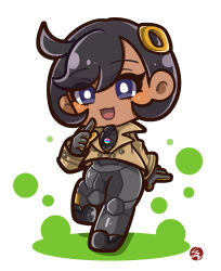  1girl :3 :d absurdres black_bodysuit black_gloves black_hair black_shoes bodysuit bodysuit_under_clothes brown_jacket chibi chibi_only commentary cowlick dark-skinned_female dark_skin emma_(pokemon) gloves hair_between_eyes hair_ornament highres jacket latex latex_bodysuit light_blush long_sleeves looking_at_viewer mega_stone open_mouth orange_gloves pokemon pokemon_legends:_z-a sakura_haru_(haru_sa_ku_ra) shoes short_hair sidelocks signature smile solo standing standing_on_one_leg swept_bangs two-tone_gloves violet_eyes white_background 