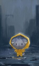  espurr grey_fur highres imazartz looking_at_viewer no_humans open_mouth pokemon pokemon_(creature) pokemon_focus pokemon_legends:_z-a raincoat short_hair standing violet_eyes yellow_raincoat 