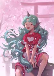  1girl absurdres between_legs cherry_blossoms chinese_commentary closed_eyes collared_shirt commentary_request fangs feet_out_of_frame floating_hair green_hair hand_between_legs highres horns komano_aunn long_hair ookimi_gusoku_mushi open_mouth pedestal petal_on_nose pink_petals red_shirt shirt shoes short_sleeves single_horn sitting smile solo stone_lantern torii touhou white_shoes 