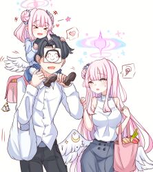  1boy 2girls absurdres aged_up alternate_costume blue_archive carrying carrying_person child closed_eyes couple cowboy_shot doodle_sensei_(blue_archive) family feathered_wings halo happy hetero highres if_they_mated long_hair looking_at_another low_wings mika_(blue_archive) multiple_girls peroronti pink_hair pink_halo sensei_(blue_archive) simple_background white_background white_wings wings yellow_eyes 