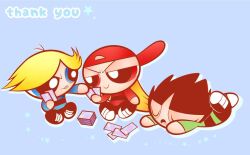  3boys antenna_hair backwards_hat bad_link black_hair black_pants black_shoes blonde_hair blue_background blue_eyes blue_shirt blunt_bangs boomer_(ppg) brick_(ppg) butch_(ppg) card english_text green_shirt hat long_hair long_sleeves looking_at_another male_focus multiple_boys open_mouth orange_hair pants parted_bangs playing_card powerpuff_girls red_eyes red_hat red_shirt rowdyruff_boys shirt shoes short_hair side-by-side simple_background sitting sleeping smile sneakers spiky_hair star_(symbol) striped_clothes striped_shirt tongue tongue_out white_shoes yunomi_(bearleaf) 