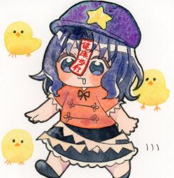 1girl :3 baby_animal bird black_ribbon black_shoes black_skirt blush chibi chibi_only chick chinese_clothes commentary_request frilled_skirt frilled_sleeves frills full_body hat hat_ornament jiangshi looking_at_viewer miyako_yoshika neck_ribbon newsboy_cap ofuda open_mouth painting_(medium) pppppks purple_hair purple_hat red_shirt ribbon shirt shoes short_hair short_sleeves skirt solo star_(symbol) star_hat_ornament tangzhuang touhou traditional_media violet_eyes walking watercolor_(medium) white_background 