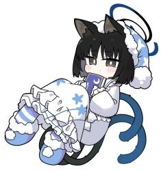  1girl animal_ear_fluff animal_ears black_hair blue_archive blue_hat blue_slippers blush_stickers book cat_ears cat_girl cat_tail chibi closed_mouth commentary_request crescent dress frilled_dress frilled_sleeves frills full_body fur-trimmed_headwear fur-trimmed_slippers fur_trim grey_eyes halo hat holding holding_book kikyou_(blue_archive) long_sleeves looking_at_viewer miranofuudoria multiple_tails nightcap pantyhose puffy_long_sleeves puffy_sleeves simple_background slippers solo striped_clothes striped_pantyhose tail two_tails white_background white_dress 