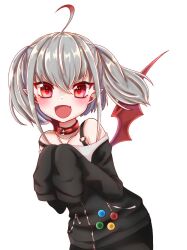  1girl :d ahoge badge bare_shoulders belt_collar black_jacket black_skirt blush button_badge collar collarbone colored_tips commentary_request cowboy_shot demon_wings dyed_ahoge fangs golgolgo_75 grey_hair hair_between_eyes hands_up jacket jewelry leaning_forward looking_at_viewer makaino_ririmu makaino_ririmu_(2nd_costume) medium_hair multicolored_hair necklace nijisanji off-shoulder_jacket off_shoulder open_mouth pointy_ears red_collar red_eyes red_streaks red_wings sidelocks simple_background skin_fangs skirt sleeves_past_fingers sleeves_past_wrists smile solo standing strap_slip streaked_hair twintails virtual_youtuber white_background wings zipper zipper_pull_tab 