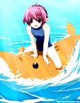  kaze-hime one-piece one-piece_swimsuit pink_hair pointy_ears red_eyes swimsuit water 