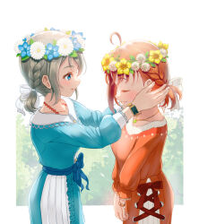  2girls ahoge alternate_hairstyle arms_at_sides arms_up blue_dress blue_eyes blue_flower blush border bow bracelet braid braided_ponytail brown_hair charm_(object) closed_eyes closed_mouth clover collar collared_shirt commentary dress flower four-leaf_clover from_above from_side grey_hair hair_flower hair_ornament hands_on_another&#039;s_face highres jewelry leaf lips long_sleeves looking_at_viewer looking_down looking_to_the_side love_live! love_live!_sunshine!! matching_hairstyle matching_outfits multiple_girls necklace official_alternate_costume official_alternate_hairstyle orange_dress orange_hair outdoors ponytail ribbon shirt short_hair side_ponytail skirt smile sunlight symbol-only_commentary takami_chika toine upper_body v_arms watanabe_you watch watch white_background white_border white_flower yellow_flower yuri 