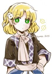 1girl blonde_hair bright_pupils brown_shirt closed_mouth commentary_request expressionless flower green_eyes hair_flower hair_ornament highres looking_at_viewer mizuhashi_parsee pointy_ears sash scarf shirt short_hair short_sleeves simple_background solo tama_(hiroshige_36) touhou twitter_username upper_body white_background white_flower white_pupils white_sash white_scarf 