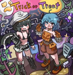  1girl alternate_costume anchor anchor_symbol aqua_eyes bat_(animal) belt bikini bikini_top_only black_bikini black_hair black_jacket black_rock_shooter_(character) black_rock_shooter_(character)_(cosplay) black_shoes black_shorts blue_eyes blush breasts brown_shoes brown_shorts chain choker cosplay cross full_body ghost gloves halloween hand_on_own_hip hat heterochromia highres jack-o&#039;-lantern_print jacket jewelry looking_at_viewer murasa_minamitsu navel object_through_head off_shoulder orange_gloves pendant red_eyes screw_in_head shoes short_hair short_shorts shorts small_breasts standing stellar_197 stitched_face stitches swimsuit tatara_kogasa tombstone touhou white_hat 
