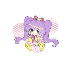  1girl absurdly_long_hair ahoge bare_legs bare_shoulders barefoot bow bowtie chibi chinese_commentary commentary_request detached_sleeves dress eyes_visible_through_hair green_eyes hair_bow hair_ornament halftone happy heart heart_hair_ornament holding holding_microphone idol lace-trimmed_dress lace_trim light_blush long_dress long_hair manaka_laala microphone open_mouth pink_bow pink_bowtie pink_dress pretty_series pripara puffy_short_sleeves puffy_sleeves purple_hair quqi_xiao_shuang see-through_clothes see-through_sleeves short_sleeves signature sleeveless sleeveless_dress smile solo standing striped_clothes striped_dress swept_bangs twintails two-tone_dress vertical-striped_clothes vertical-striped_dress very_long_hair wavy_hair white_background white_sleeves winged_heart wristband yellow_dress 