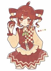  1girl :3 absurdres ahoge blush_stickers borrowed_design closed_mouth color_guide commentary_request cropped_legs double-parted_bangs drill_hair food fruit green_neckerchief highres holding holding_food holding_fruit kasane_teto long_sleeves looking_at_viewer neckerchief okayu_(cwtv7823) pleated_skirt red_hair red_skirt red_vest shirt short_hair sidelocks simple_background skirt smile solo star-shaped_pupils star_(symbol) symbol-shaped_pupils thick_eyebrows twin_drills twintails utau vest white_background yellow_shirt 