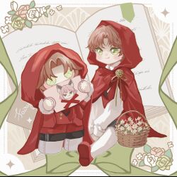  1boy :q absurdres aged_down basket black_shorts blue_shoes blush book bookmark border bow brooch character_doll chinese_commentary cloak cosplay daisy_(flower) doll flower flower_basket flower_brooch full_body green_bow green_eyes green_flower green_ribbon green_rose highres holding holding_sign hood hood_up hooded_cloak jewelry light_and_night_love little_red_riding_hood_(fairy_tale) little_red_riding_hood_(fairy_tale_character) little_red_riding_hood_(fairy_tale_character)_(cosplay) long_sleeves looking_at_doll male_focus open_book orange_hair outside_border pantyhose parted_bangs pink_flower pink_rose protagonist_(light_and_night_love) puffy_long_sleeves puffy_sleeves red_cloak ribbon rose shirt shoe_soles shoes short_hair shorts sign sitting snow234 solo tongue tongue_out white_border white_flower white_pantyhose white_rose white_shirt wolf_girl x_(symbol) xia_mingxing 
