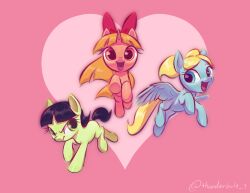  :d animalization artist_name blonde_hair blossom_(ppg) blue_eyes bubbles_(ppg) buttercup_(ppg) green_eyes heart my_little_pony my_little_pony:_friendship_is_magic open_mouth pink_background pony_(animal) powerpuff_girls red_eyes smile tttthunderbolt wings 