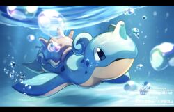  air_bubble aobi_3814 blue_eyes blue_skin bubble colored_skin fins full_body highres horns lapras no_humans parted_lips pokemon pokemon_(creature) pokemon_focus shell single_horn solo underwater 