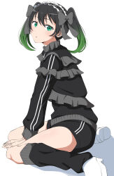  1girl absurdres black_bow black_hair black_jacket black_leg_warmers black_shorts bow commentary_request frilled_jacket frills full_body gradient_hair green_hair hair_bow highres jacket jersey_maid leg_warmers long_sleeves love_live! love_live!_nijigasaki_high_school_idol_club maid maid_headdress medium_hair multicolored_hair official_alternate_costume shoes short_shorts shorts sitting solo takasaki_yu track_jacket twintails uchuu_no_mozuku unconventional_maid wariza white_shoes 